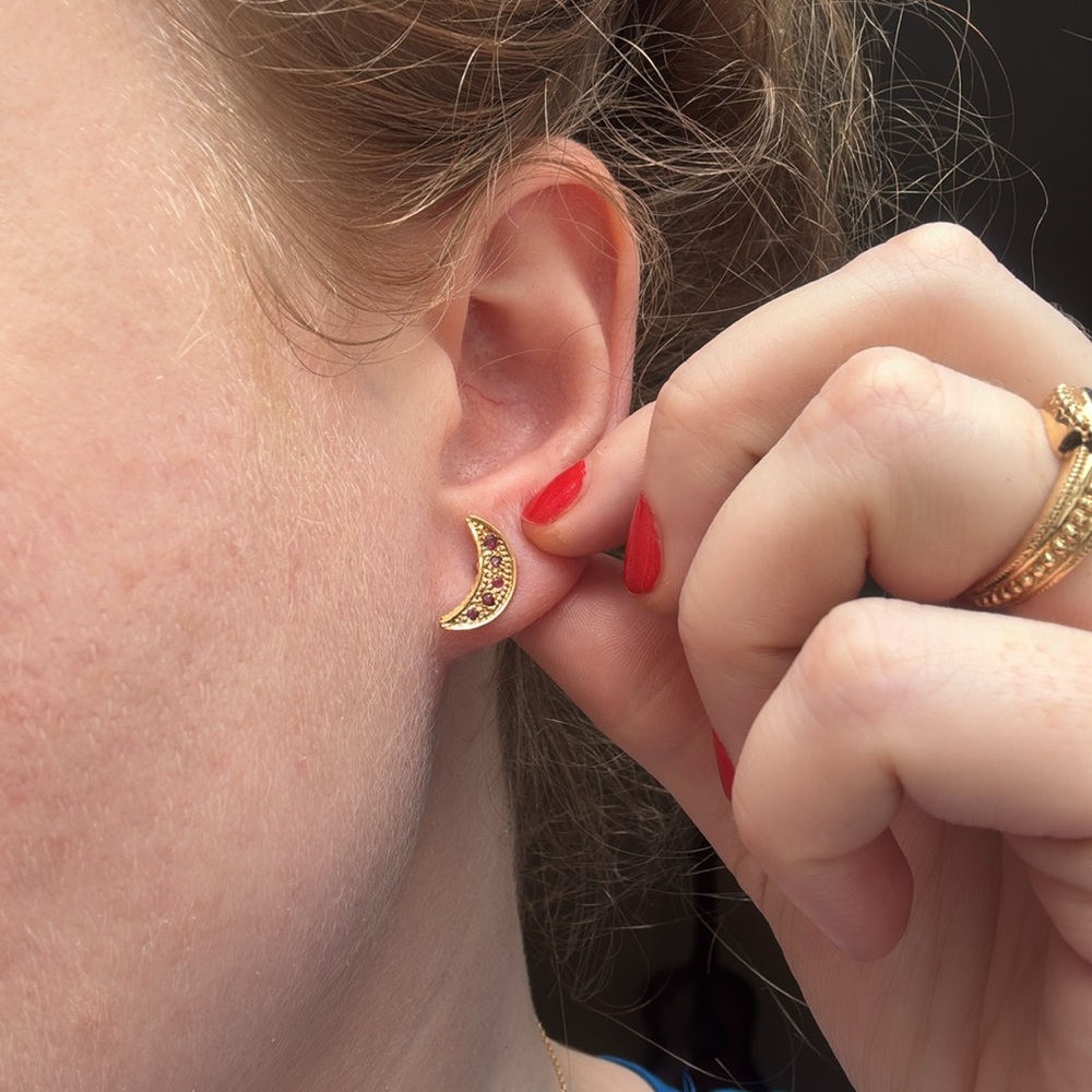 22k & 14k Solid Gold Sun and Moon Ruby Earrings - Picture 6 of 10